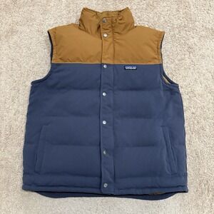 Patagonia Bivy Down Vest Men's Large Full Zip Navy Blue Brown Puffer